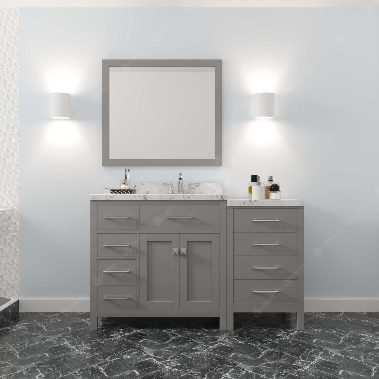 Virtu USA Caroline Parkway 57" Single Bath Vanity with White Quartz Top and Round Sink with Polished Chrome Faucet with Matching Mirror