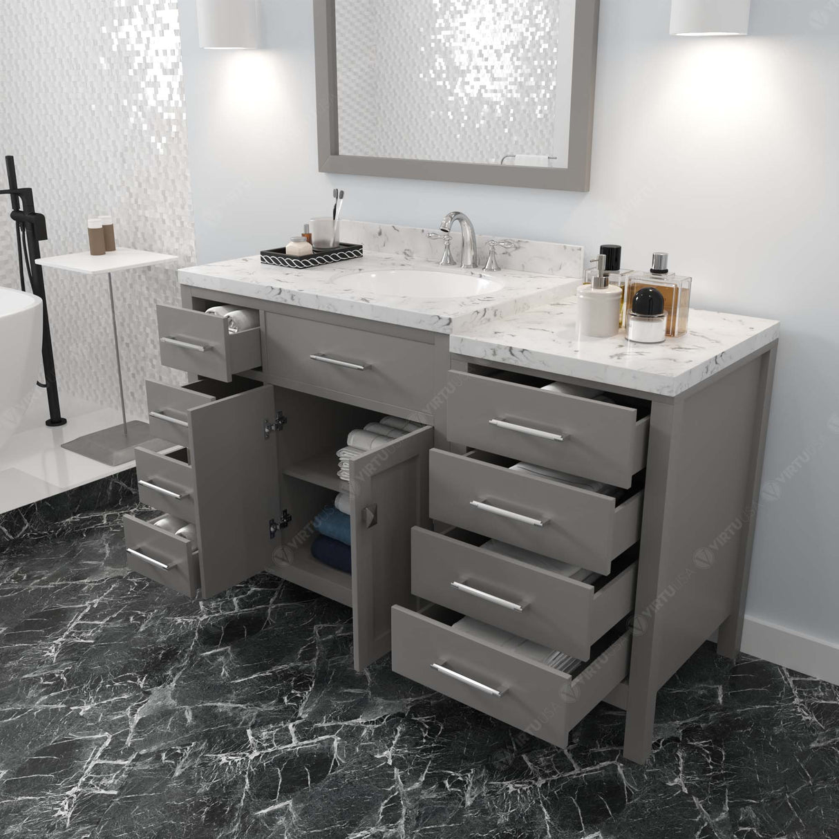 Virtu USA Caroline Parkway 57" Single Bath Vanity with White Quartz Top and Round Sink with Brushed Nickel Faucet with Matching Mirror