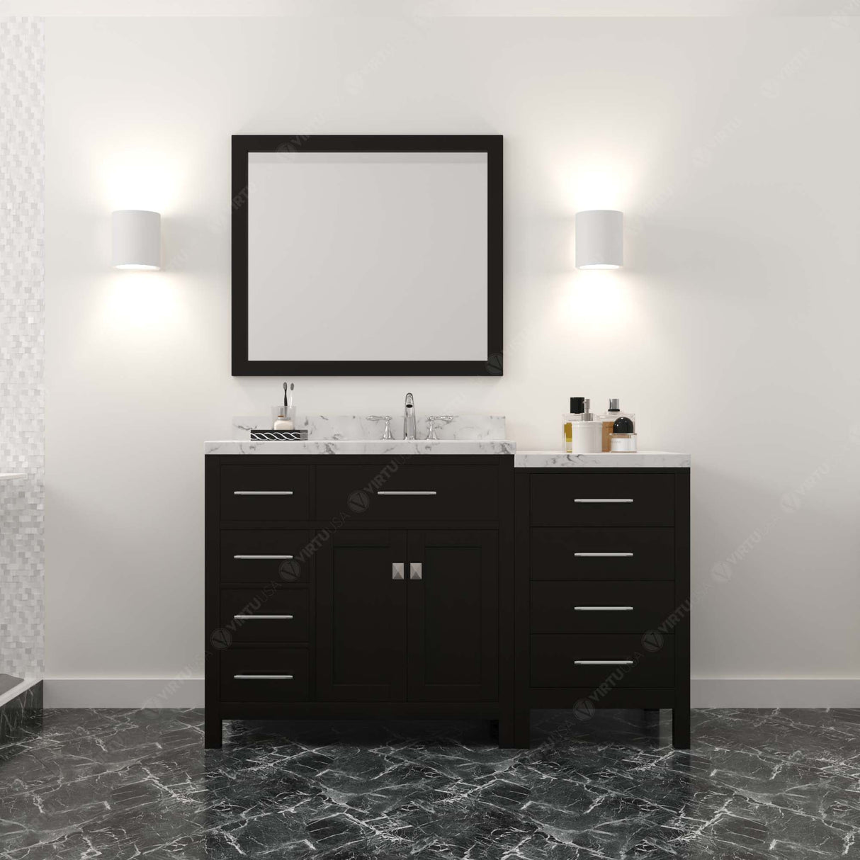 Virtu USA Caroline Parkway 57" Single Bath Vanity with White Quartz Top and Round Sink with Polished Chrome Faucet with Matching Mirror