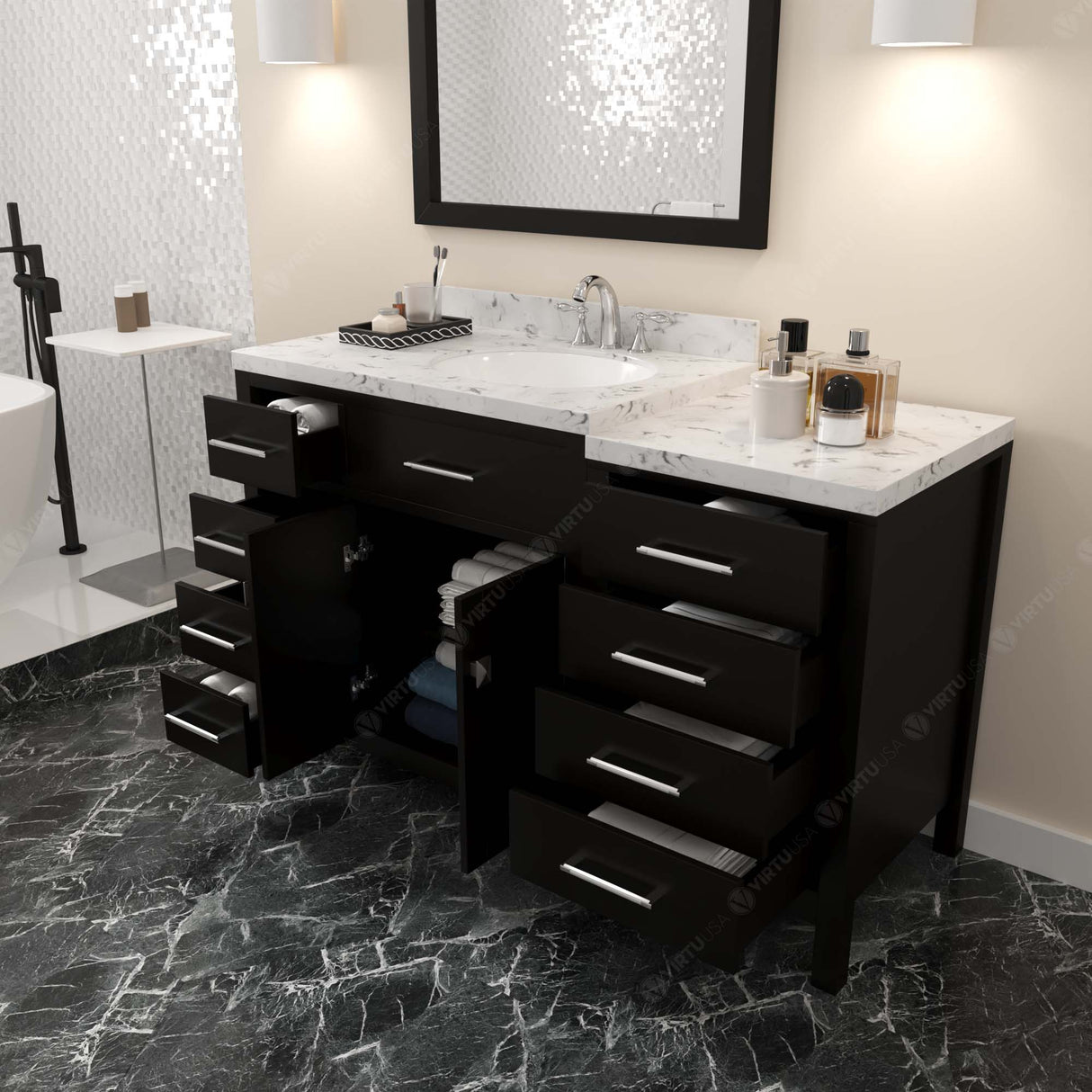 Virtu USA Caroline Parkway 57" Single Bath Vanity with White Quartz Top and Round Sink with Polished Chrome Faucet with Matching Mirror