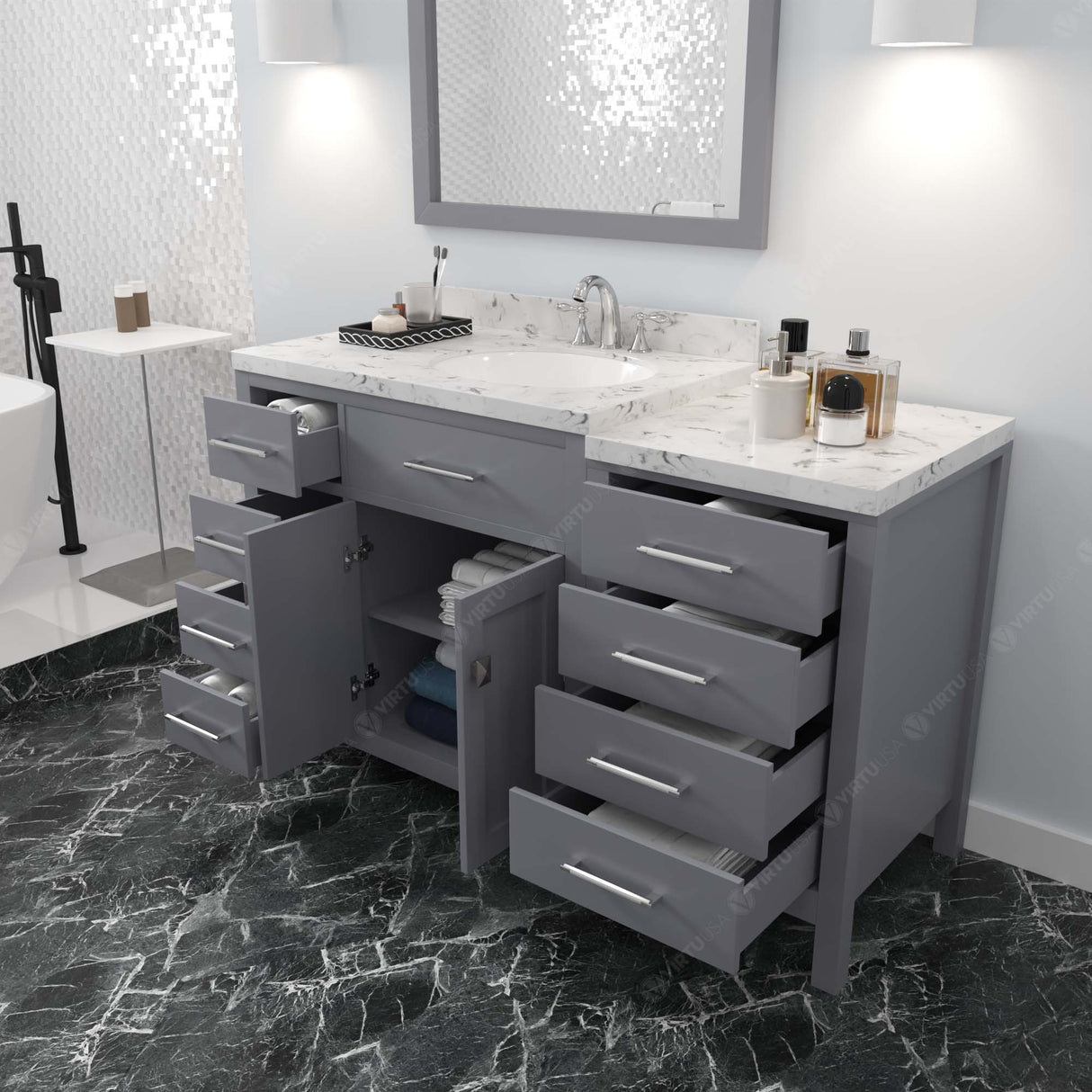 Virtu USA Caroline Parkway 57" Single Bath Vanity with Marble White Quartz Top and Round Sink with Matching Mirror