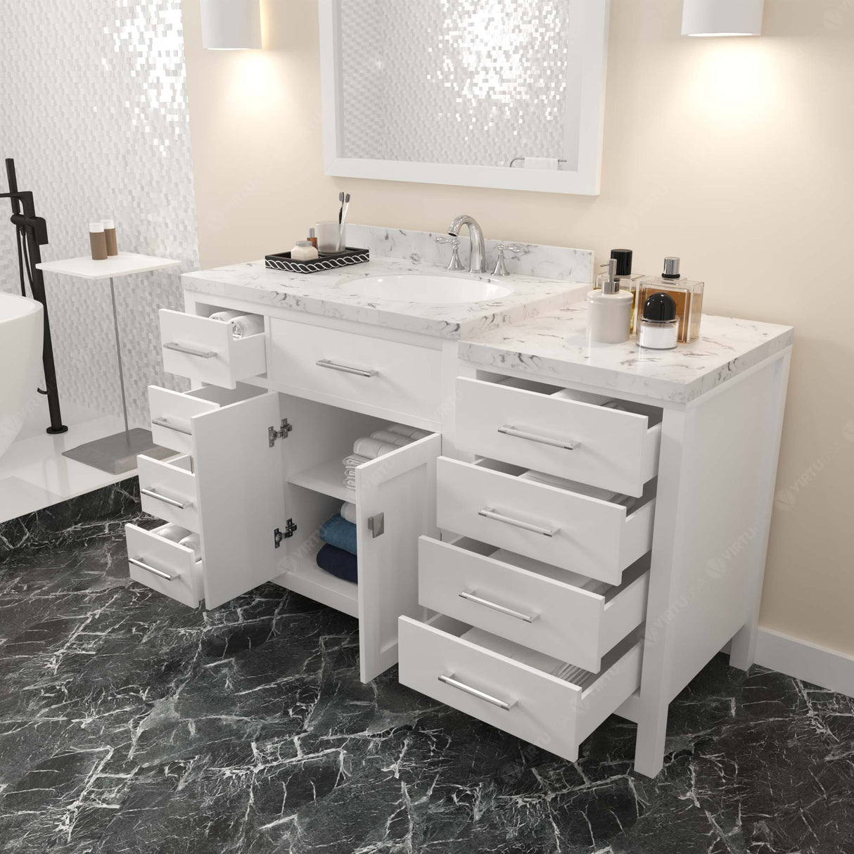 Virtu USA Caroline Parkway 57" Single Bath Vanity with Marble White Quartz Top and Round Sink with Matching Mirror