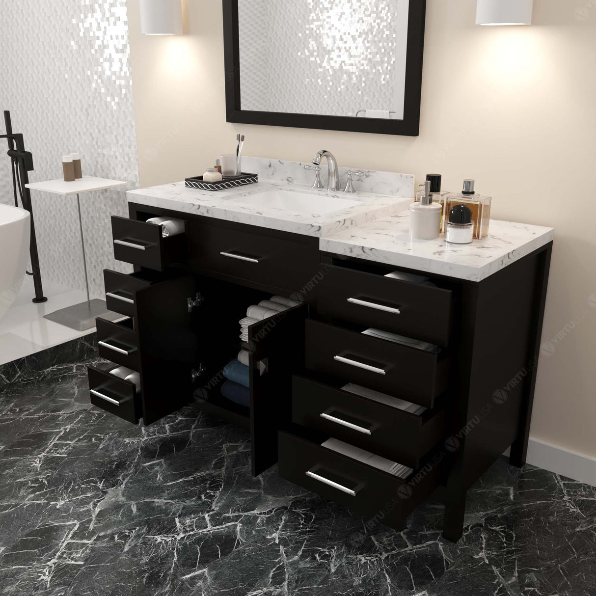 Virtu USA Caroline Parkway 57" Single Bath Vanity with White Quartz Top and Square Sink with Polished Chrome Faucet with Matching Mirror