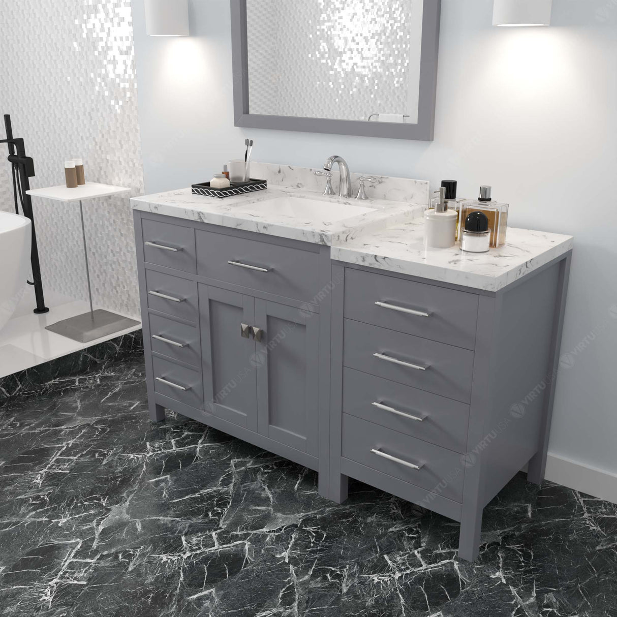 Virtu USA Caroline Parkway 57" Single Bath Vanity with White Quartz Top and Square Sink with Matching Mirror