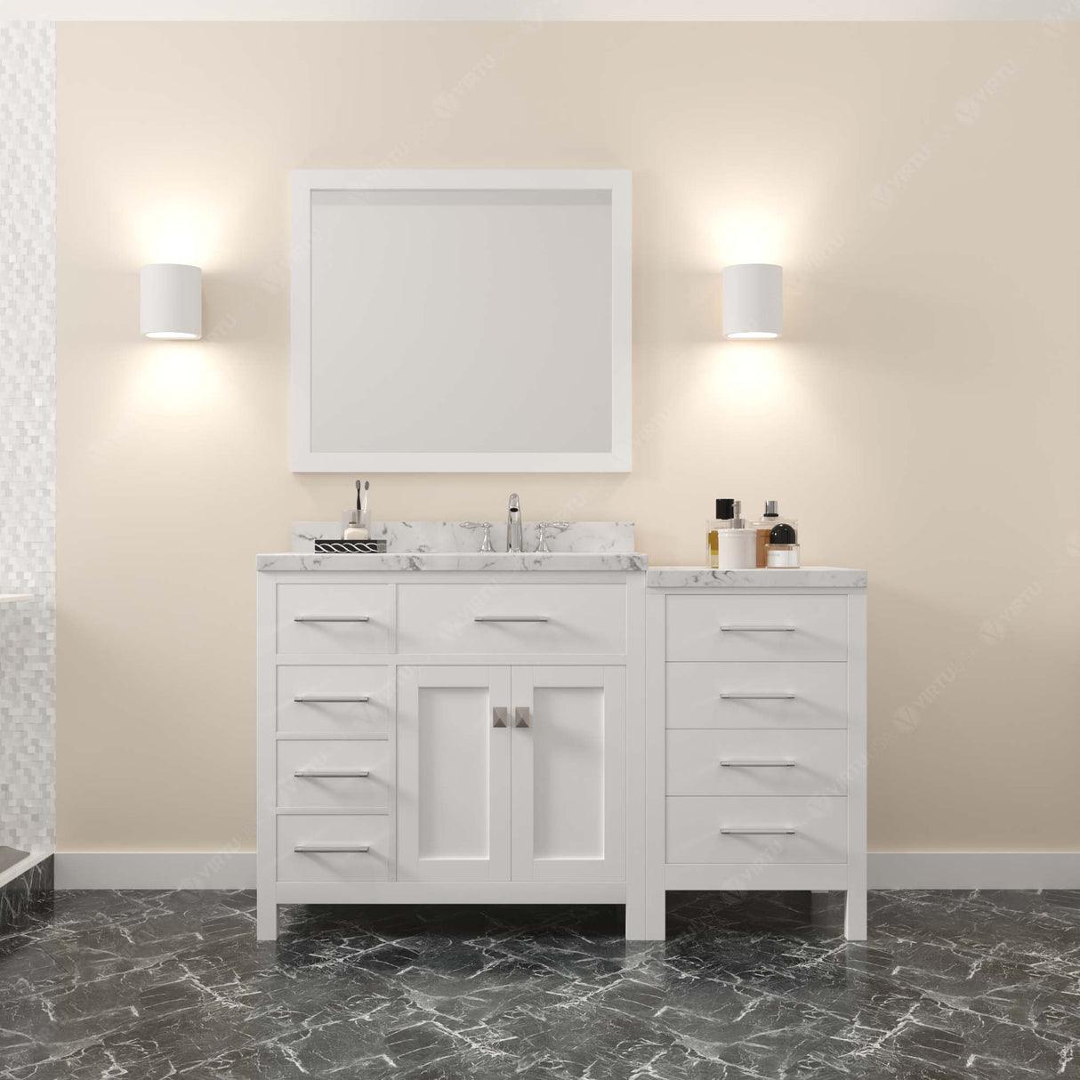 Virtu USA Caroline Parkway 57" Single Bath Vanity with White Quartz Top and Square Sink with Brushed Nickel Faucet with Matching Mirror