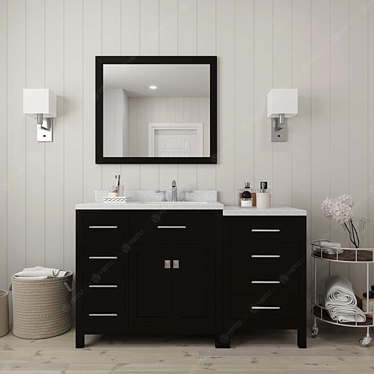 Virtu USA Caroline Parkway 57" Single Bath Vanity with Dazzle White Quartz Countertop and Round Sink with Polished Chrome Faucet with Matching Mirror