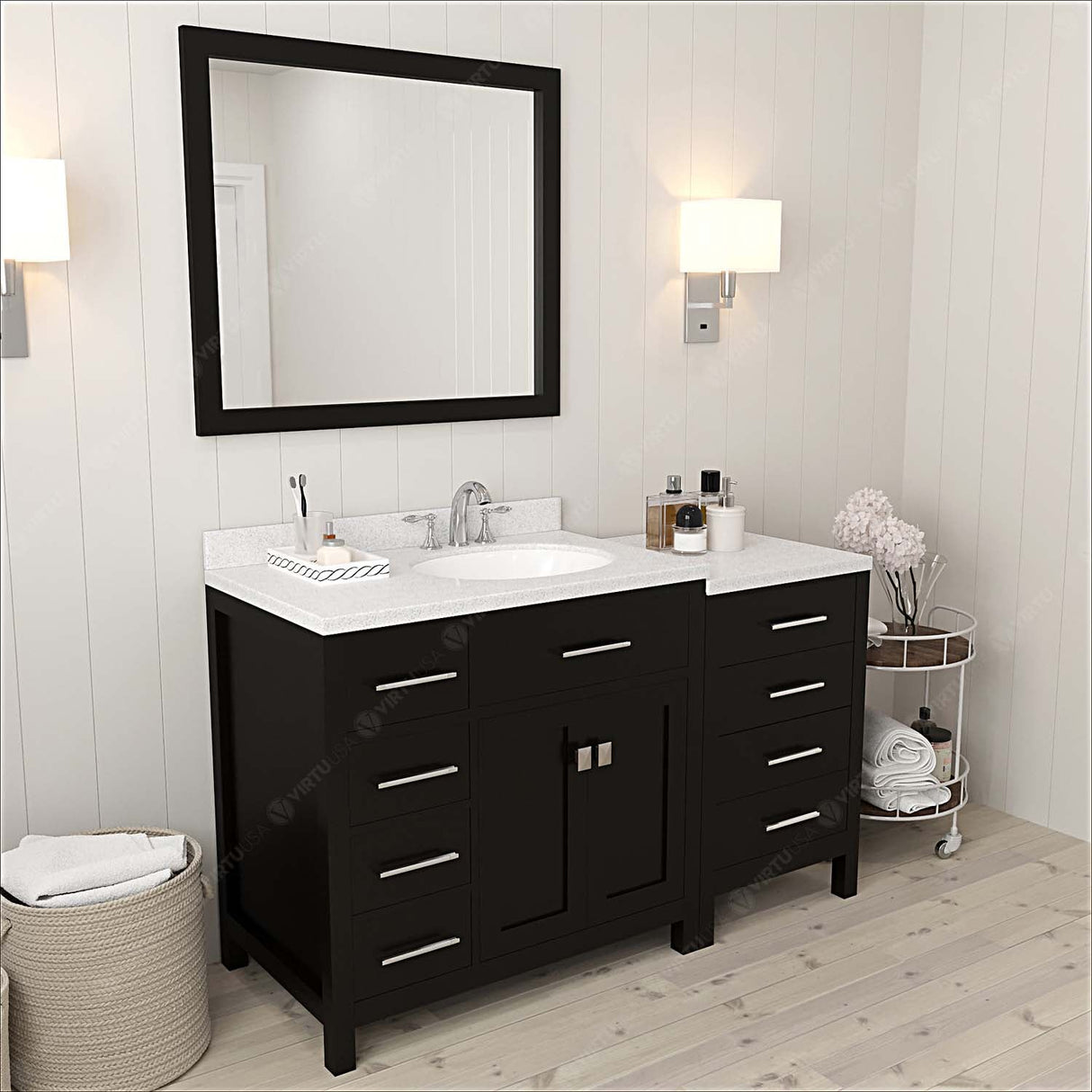 Virtu USA Caroline Parkway 57" Single Bath Vanity with Dazzle White Quartz Countertop and Round Sink with Polished Chrome Faucet with Matching Mirror