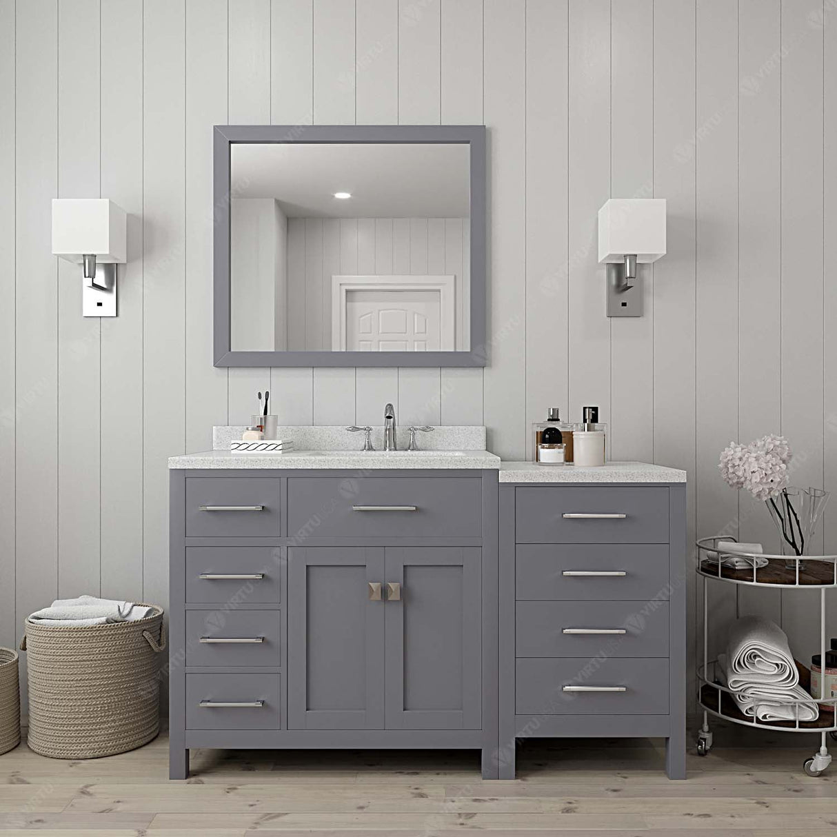 Virtu USA Caroline Parkway 57" Single Bath Vanity with Dazzle White Quartz Countertop and Round Sink with Polished Chrome Faucet with Matching Mirror