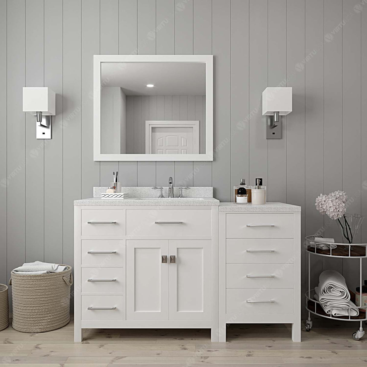 Virtu USA Caroline Parkway 57" Single Bath Vanity with Dazzle White Quartz Countertop and Round Sink with Polished Chrome Faucet with Matching Mirror