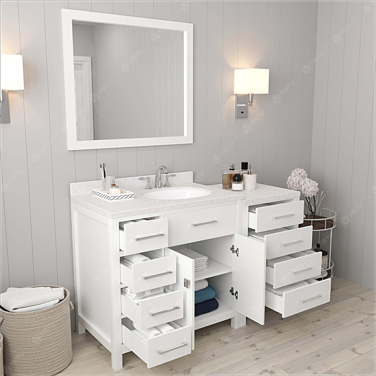 Virtu USA Caroline Parkway 57" Single Bath Vanity with Dazzle White Quartz Countertop and Round Sink with Polished Chrome Faucet with Matching Mirror