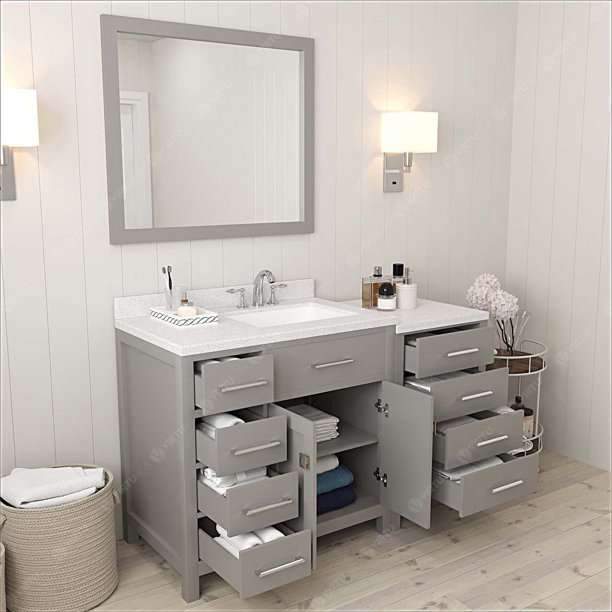 Virtu USA Caroline Parkway 57" Single Bath Vanity with Dazzle White Quartz Countertop and Square Sink with Matching Mirror