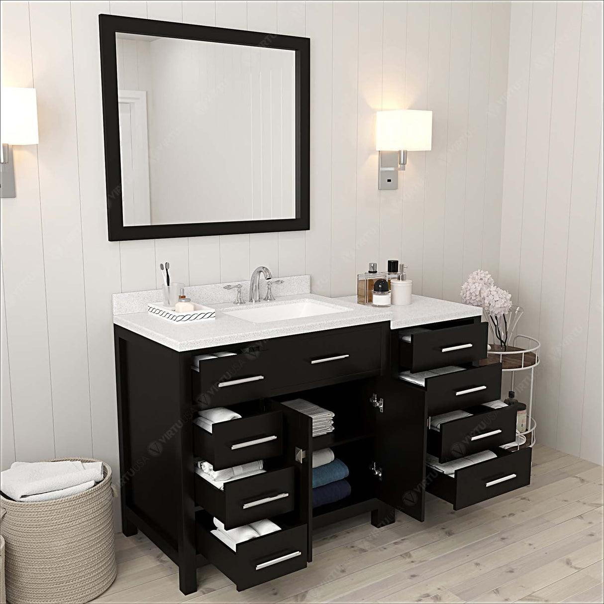 Virtu USA Caroline Parkway 57" Single Bath Vanity with Dazzle White Quartz Countertop and Square Sink with Matching Mirror