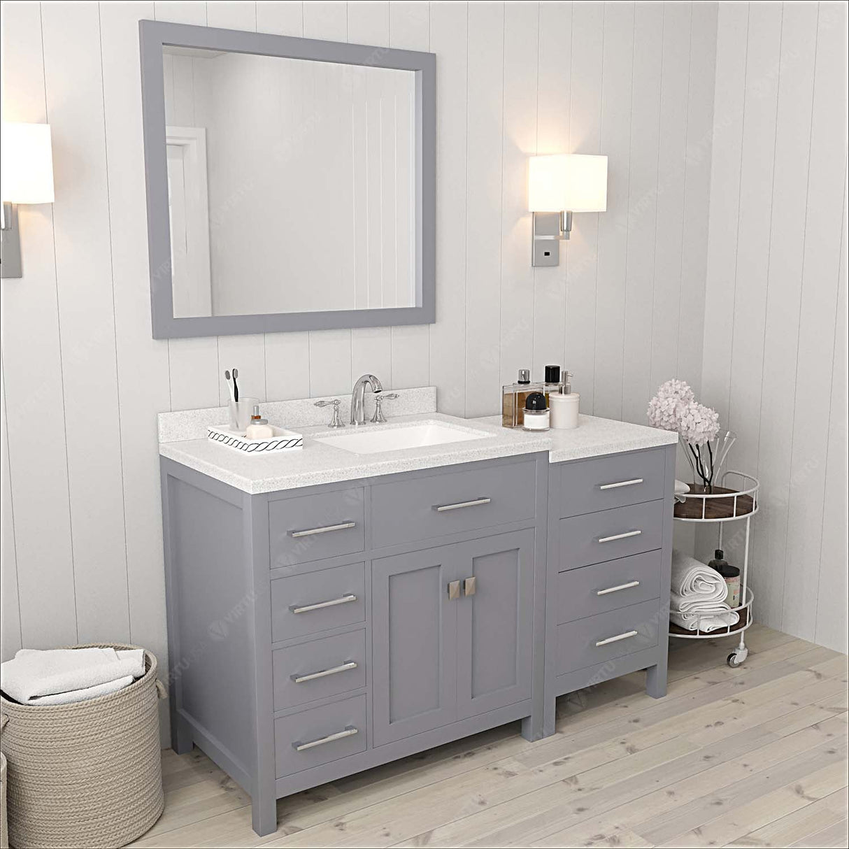 Virtu USA Caroline Parkway 57" Single Bath Vanity with Dazzle White Quartz Countertop and Square Sink with Polished Chrome Faucet with Matching Mirror