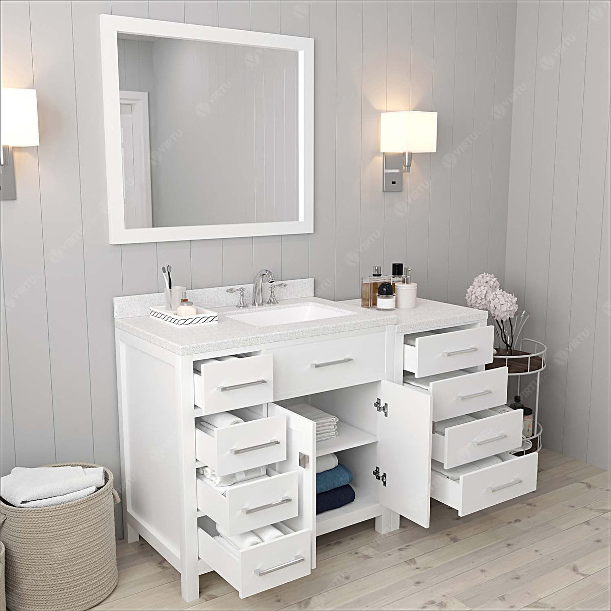 Virtu USA Caroline Parkway 57" Single Bath Vanity with Dazzle White Quartz Countertop and Square Sink with Brushed Nickel Faucet with Matching Mirror