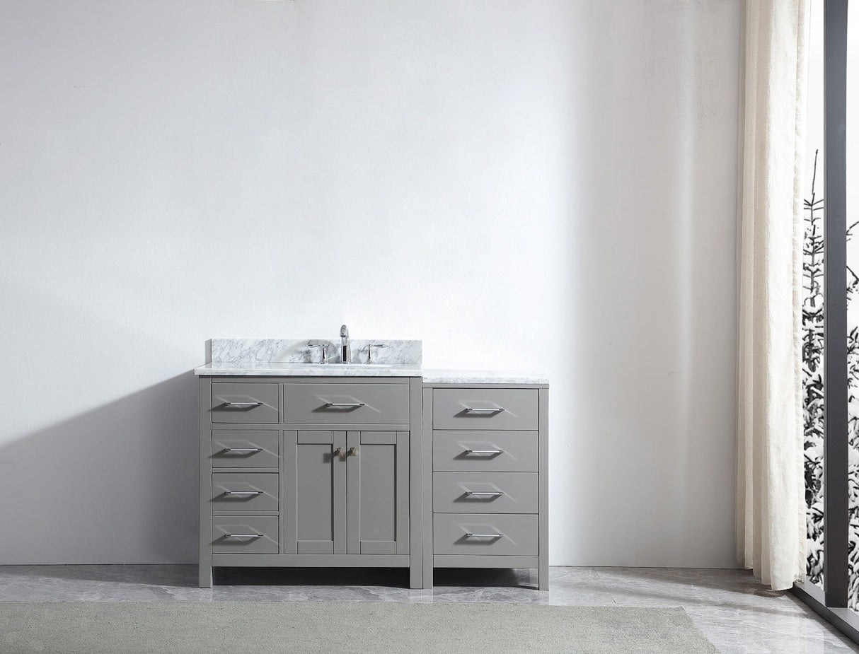 Virtu USA Caroline Parkway 57" Single Bath Vanity in Cashmere Gray with White Marble Top and Round Sink with Brushed Nickel Faucet