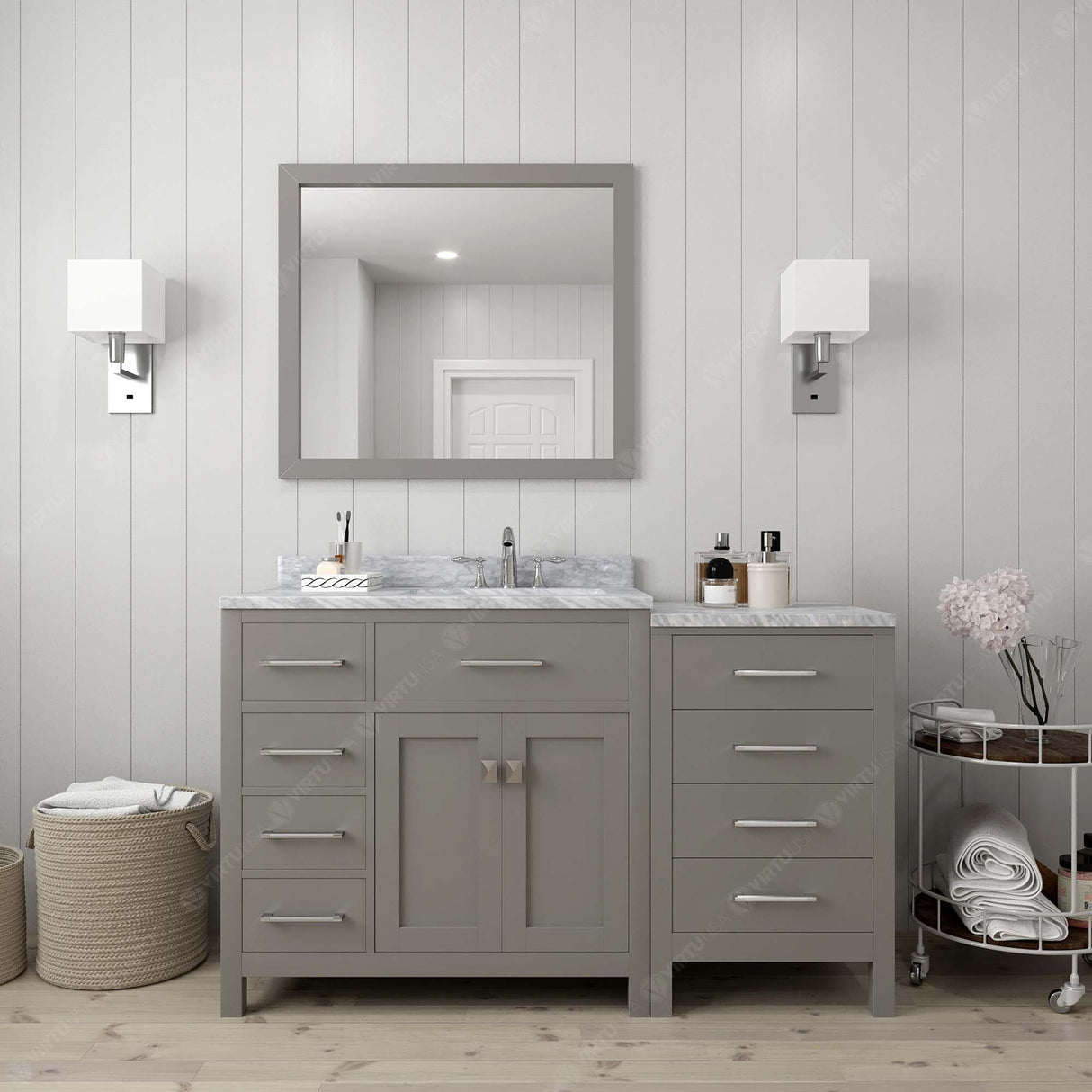 Virtu USA Caroline Parkway 57" Single Bath Vanity with White Marble Top and Round Sink with Brushed Nickel Faucet with Matching Mirror