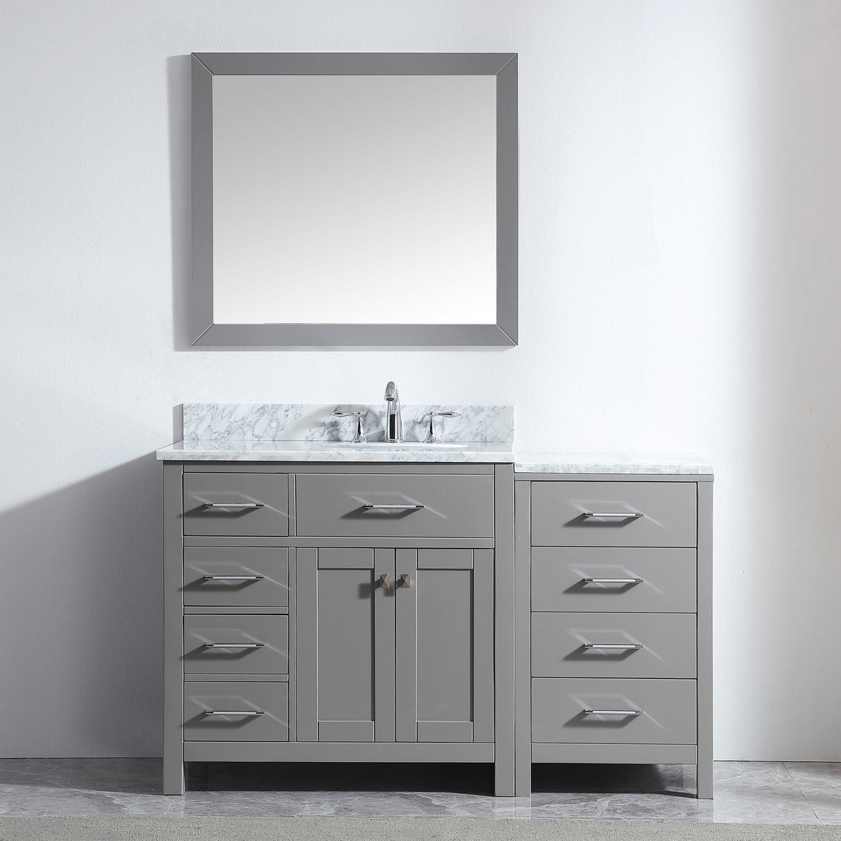 Virtu USA Caroline Parkway 57" Single Bath Vanity with White Marble Top and Round Sink with Polished Chrome Faucet with Matching Mirror