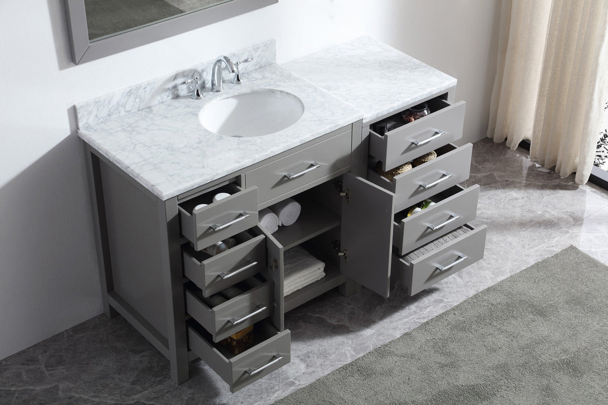 Virtu USA Caroline Parkway 57" Single Bath Vanity with White Marble Top and Round Sink with Matching Mirror
