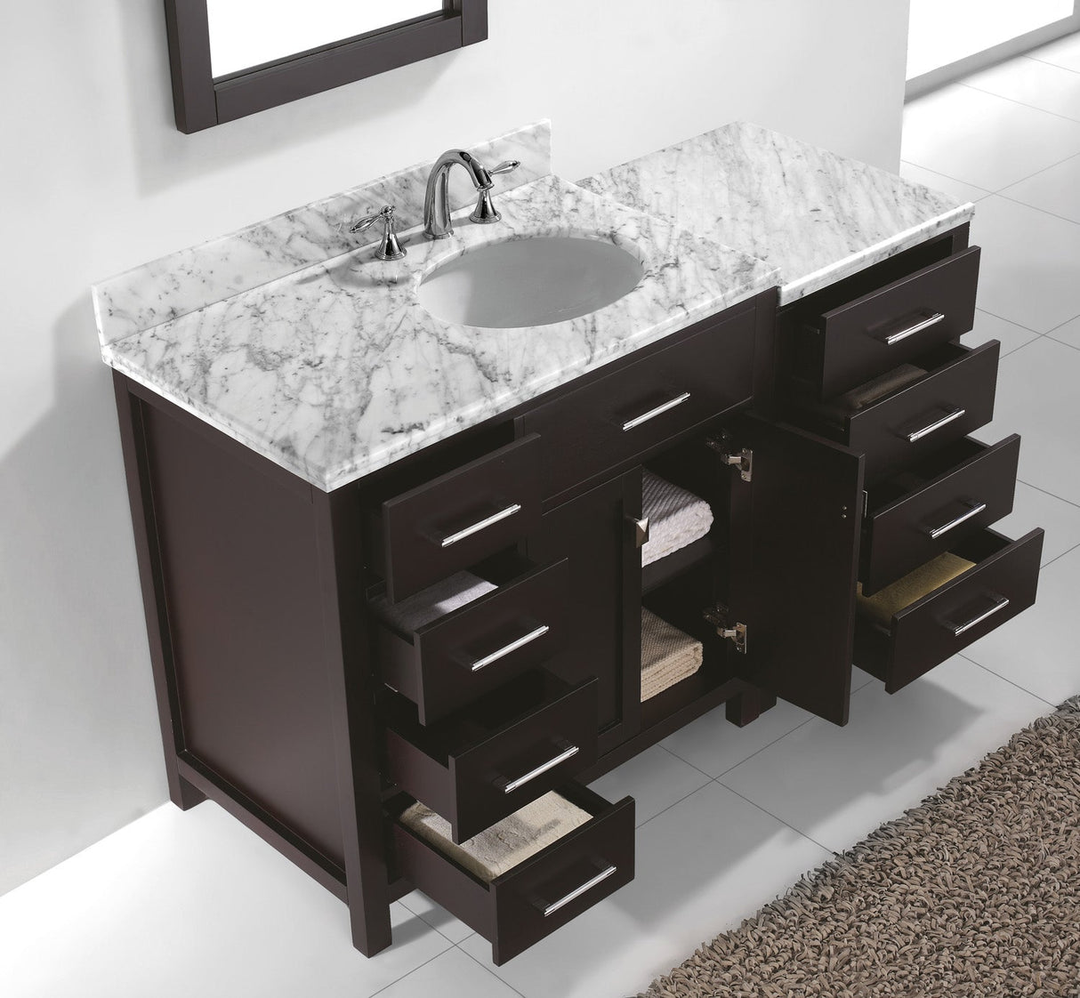 Virtu USA Caroline Parkway 57" Single Bath Vanity with White Marble Top and Round Sink with Polished Chrome Faucet with Matching Mirror