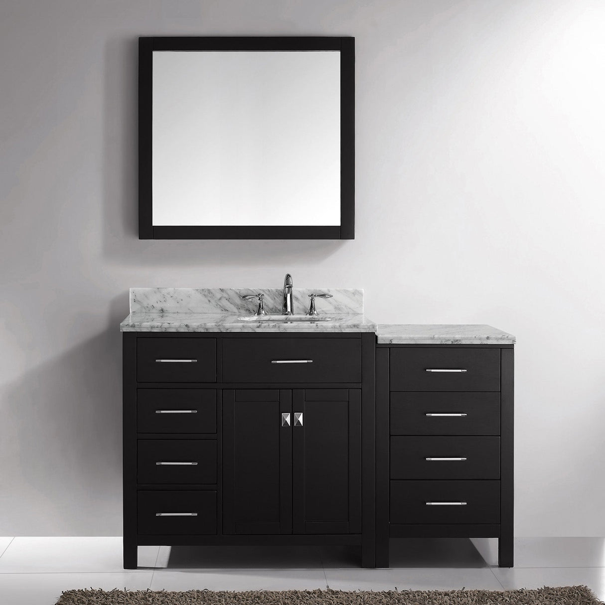 Virtu USA Caroline Parkway 57" Single Bath Vanity with White Marble Top and Round Sink with Matching Mirror