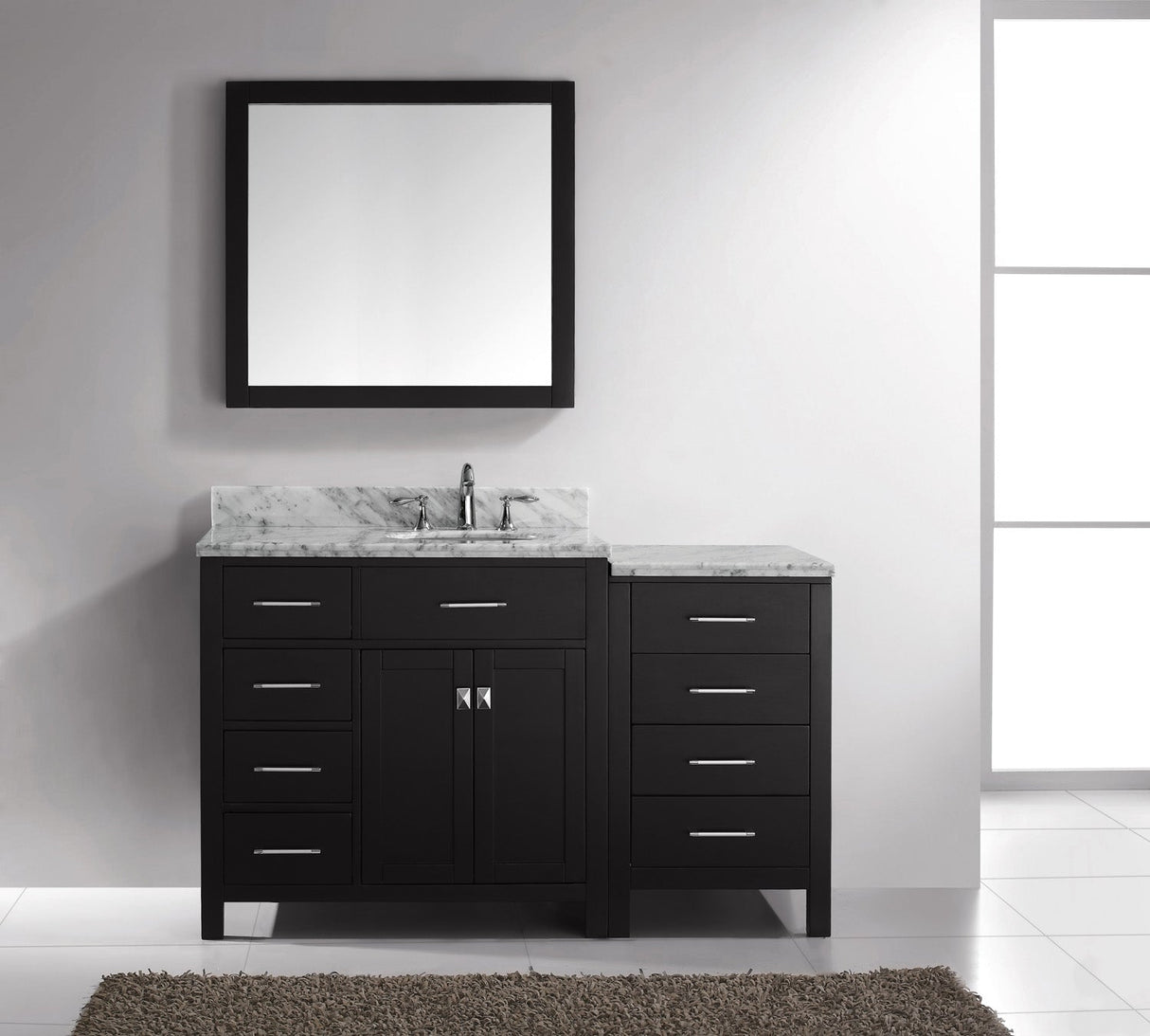 Virtu USA Caroline Parkway 57" Single Bath Vanity with White Marble Top and Round Sink with Matching Mirror