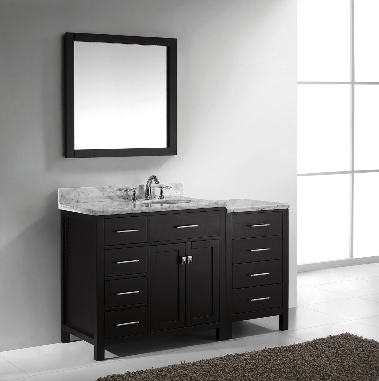 Virtu USA Caroline Parkway 57" Single Bath Vanity with White Marble Top and Round Sink with Matching Mirror
