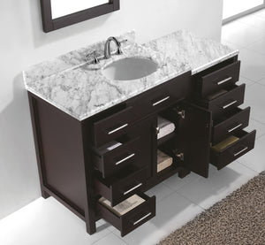 Virtu USA Caroline Parkway 57" Single Bath Vanity with White Marble Top and Round Sink with Matching Mirror