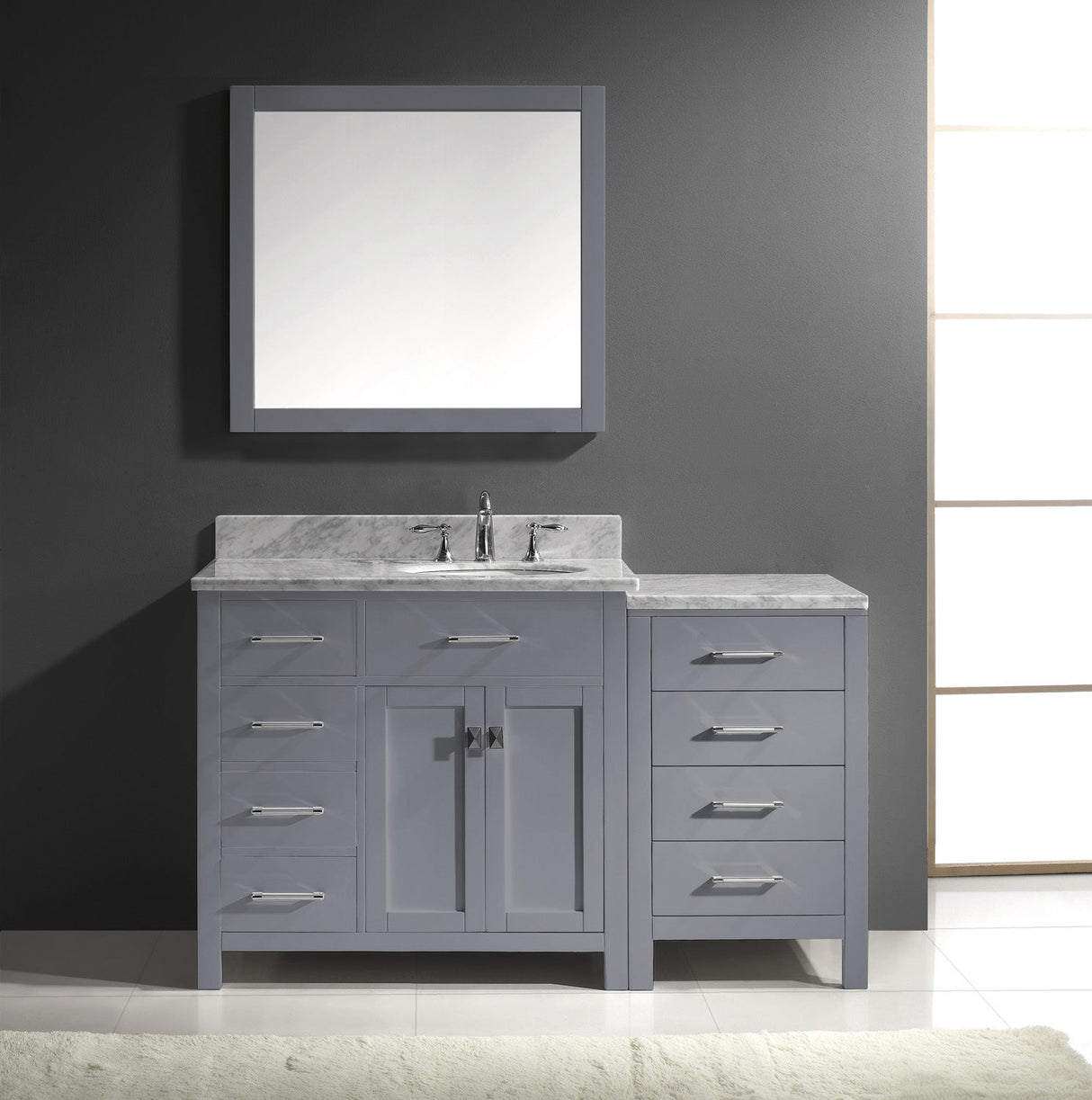Virtu USA Caroline Parkway 57" Single Bath Vanity with White Marble Top and Round Sink with Matching Mirror