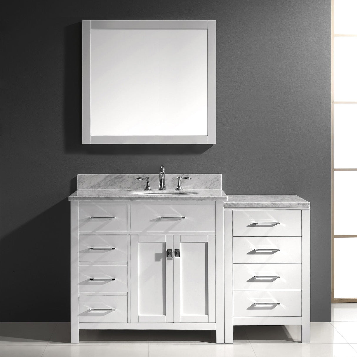 Virtu USA Caroline Parkway 57" Single Bath Vanity with White Marble Top and Round Sink with Brushed Nickel Faucet with Matching Mirror