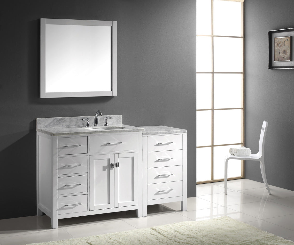 Virtu USA Caroline Parkway 57" Single Bath Vanity with White Marble Top and Round Sink with Brushed Nickel Faucet with Matching Mirror