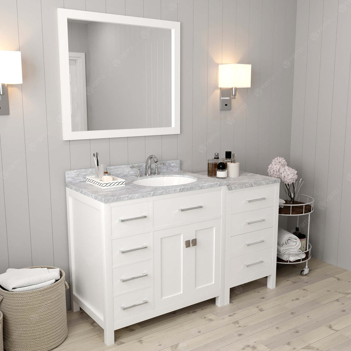 Virtu USA Caroline Parkway 57" Single Bath Vanity with White Marble Top and Round Sink with Matching Mirror