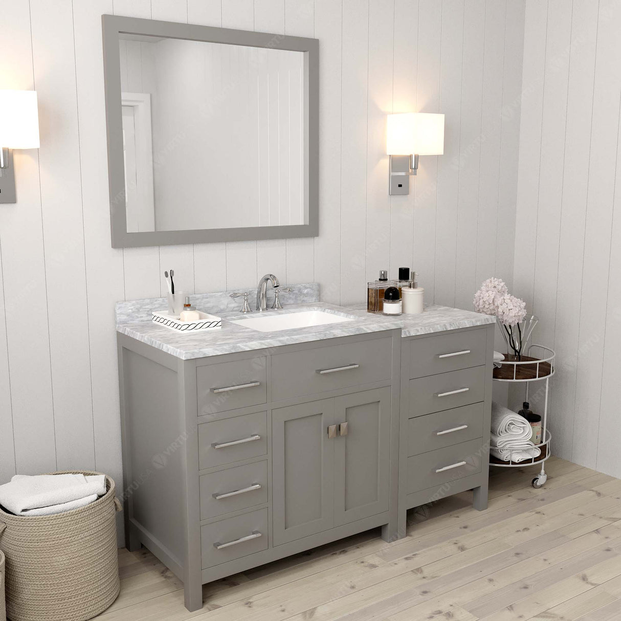 Virtu USA Caroline Parkway 57" Single Bath Vanity with White Marble Top and Square Sink with Matching Mirror