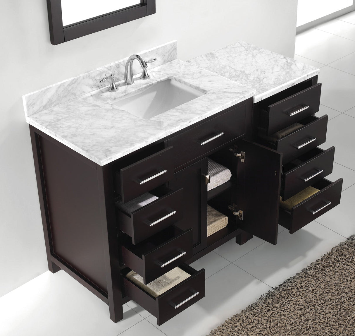 Virtu USA Caroline Parkway 57" Single Bath Vanity with White Marble Top and Square Sink with Brushed Nickel Faucet with Matching Mirror