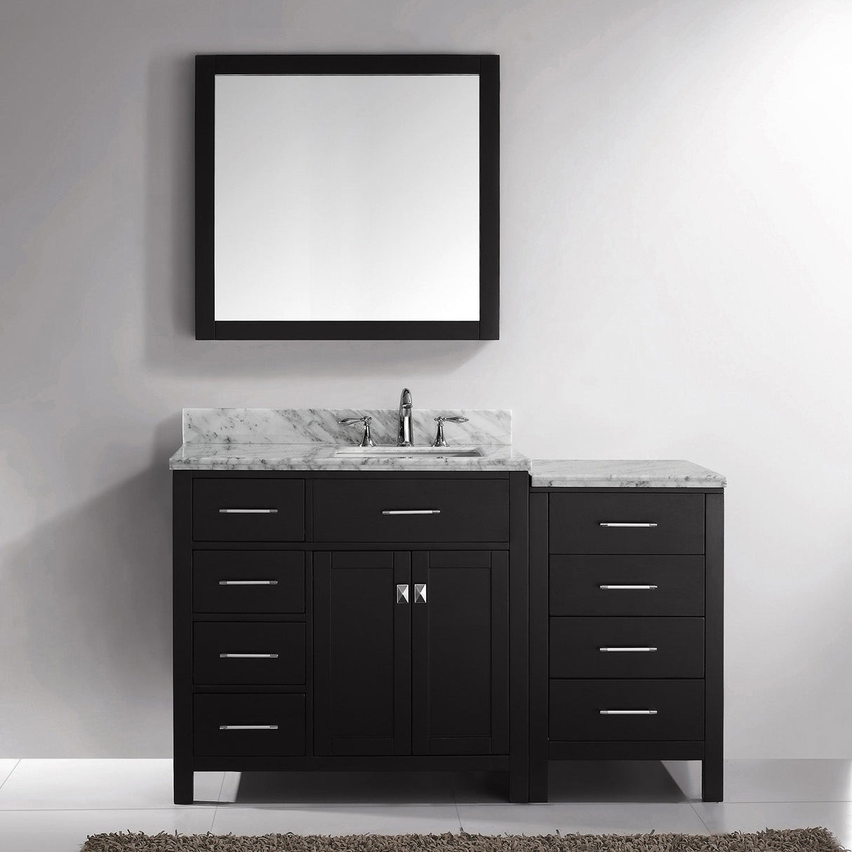 Virtu USA Caroline Parkway 57" Single Bath Vanity with White Marble Top and Square Sink with Matching Mirror