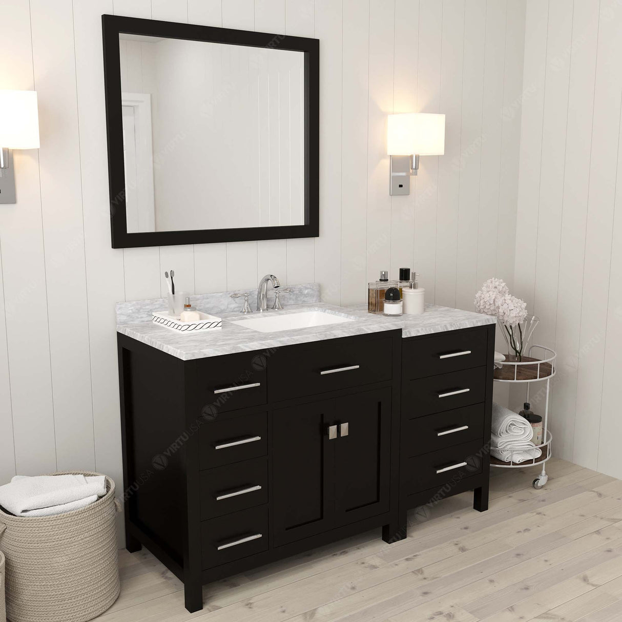 Virtu USA Caroline Parkway 57" Single Bath Vanity with White Marble Top and Square Sink with Polished Chrome Faucet with Matching Mirror