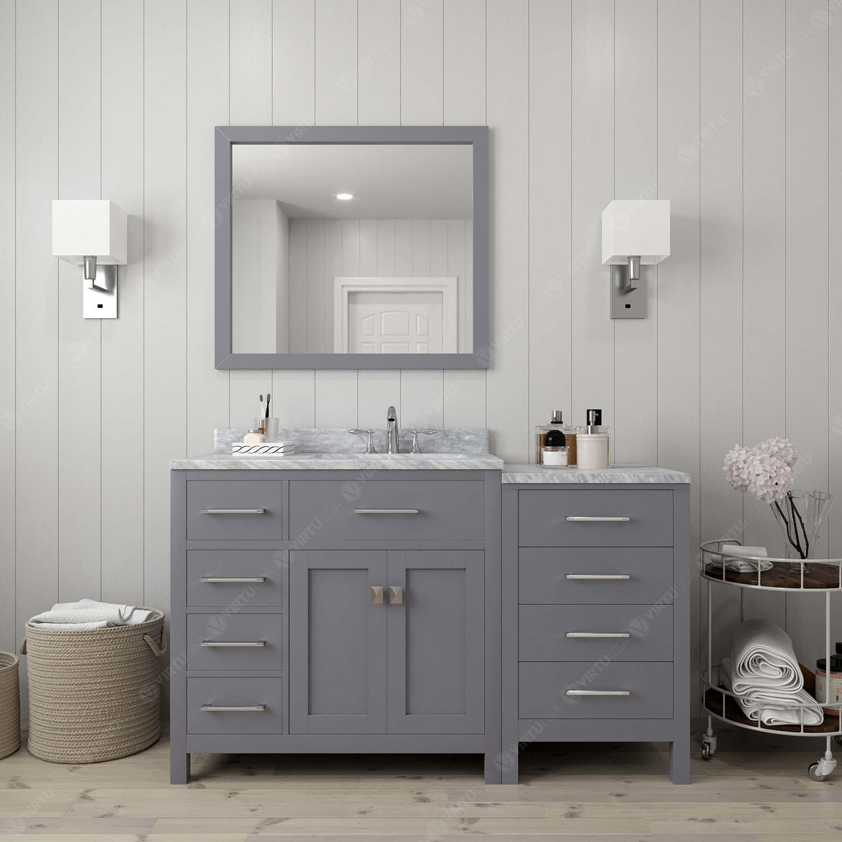 Virtu USA Caroline Parkway 57" Single Bath Vanity with White Marble Top and Square Sink with Brushed Nickel Faucet with Matching Mirror