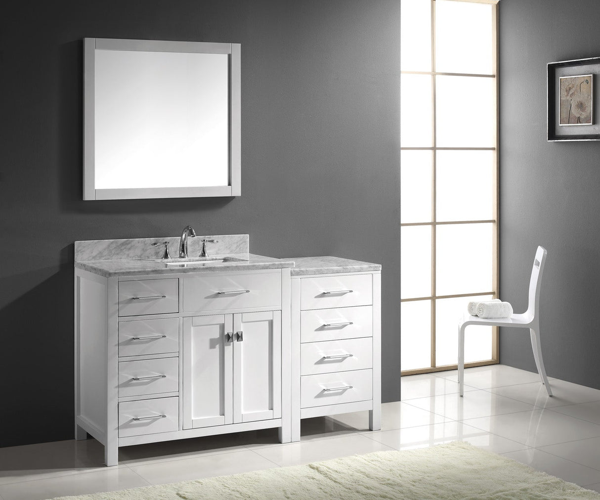 Virtu USA Caroline Parkway 57" Single Bath Vanity with White Marble Top and Square Sink with Brushed Nickel Faucet with Matching Mirror