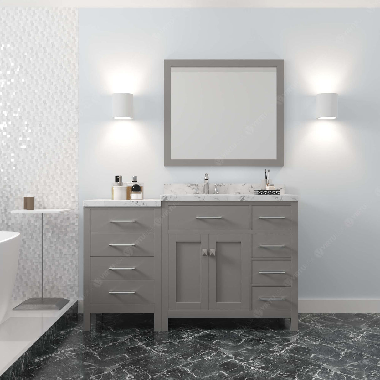 Virtu USA Caroline Parkway 57" Single Bath Vanity with Cultured Marble White Quartz Top and Round Sink with Matching Mirror