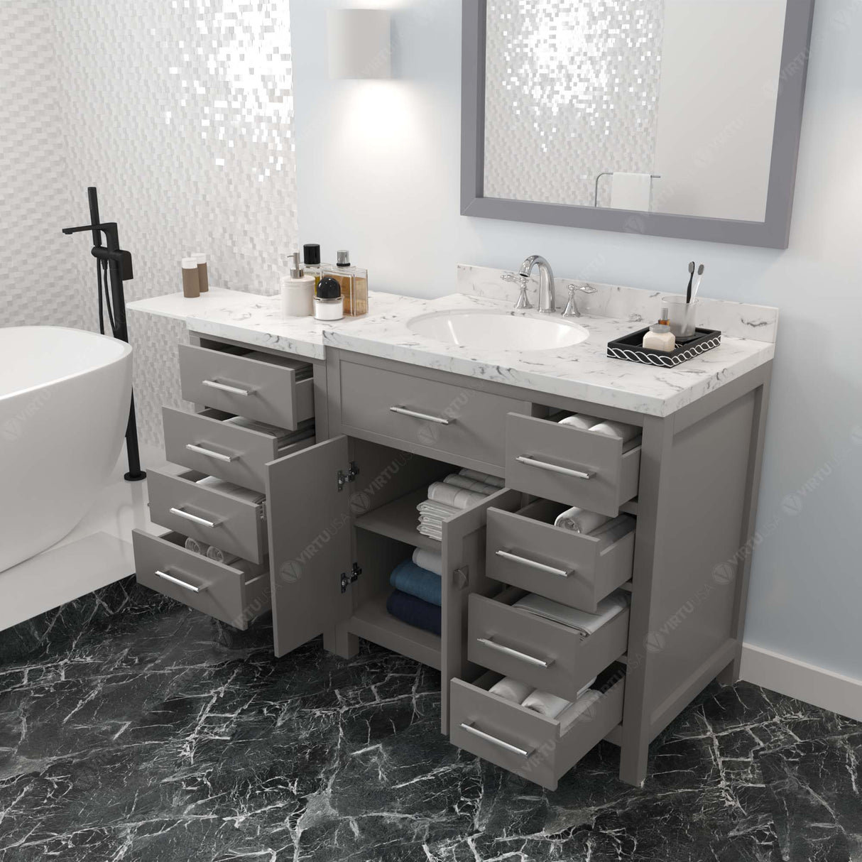 Virtu USA Caroline Parkway 57" Single Bath Vanity with Cultured Marble White Quartz Top and Round Sink with Matching Mirror