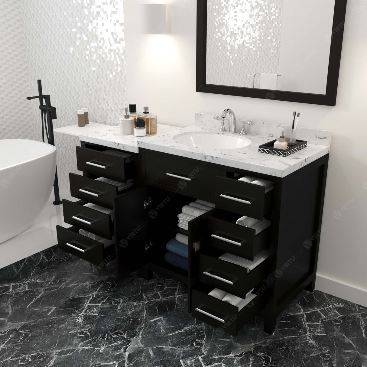 Virtu USA Caroline Parkway 57" Single Bath Vanity with Cultured Marble White Quartz Top and Round Sink with Matching Mirror