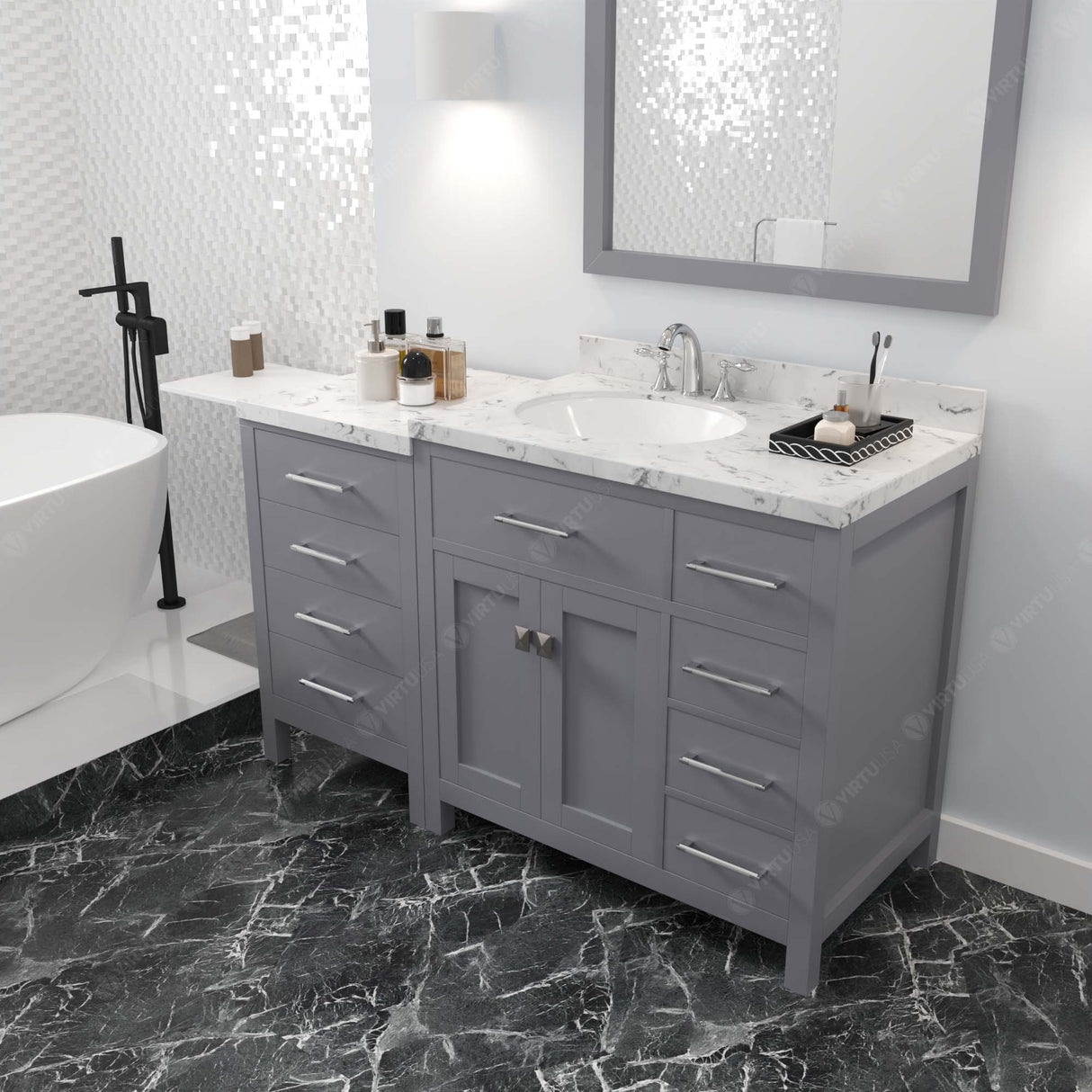 Virtu USA Caroline Parkway 57" Single Bath Vanity with Cultured Marble White Quartz Top and Round Sink with Polished Chrome Faucet with Matching Mirror