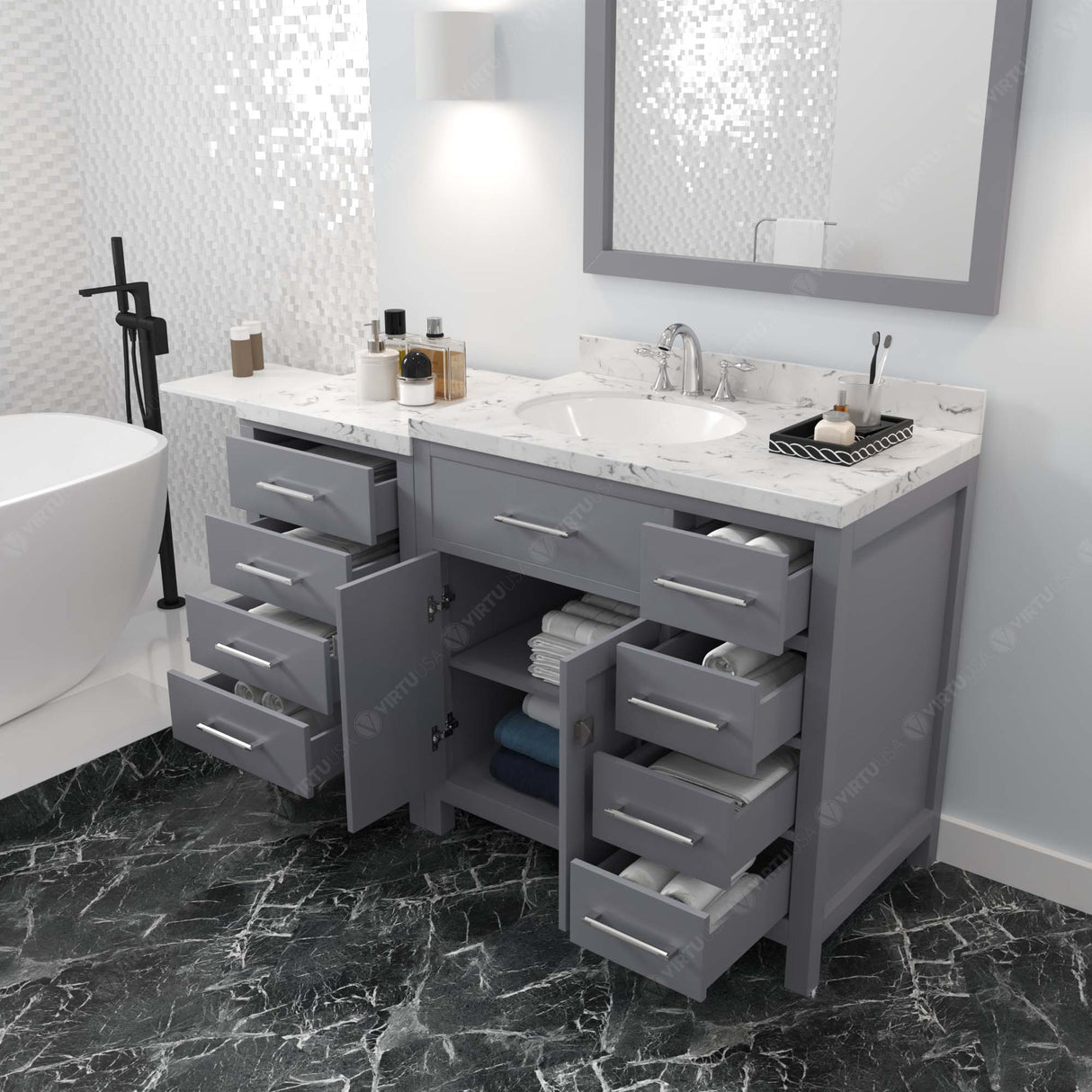 Virtu USA Caroline Parkway 57" Single Bath Vanity with Cultured Marble White Quartz Top and Round Sink with Polished Chrome Faucet with Matching Mirror