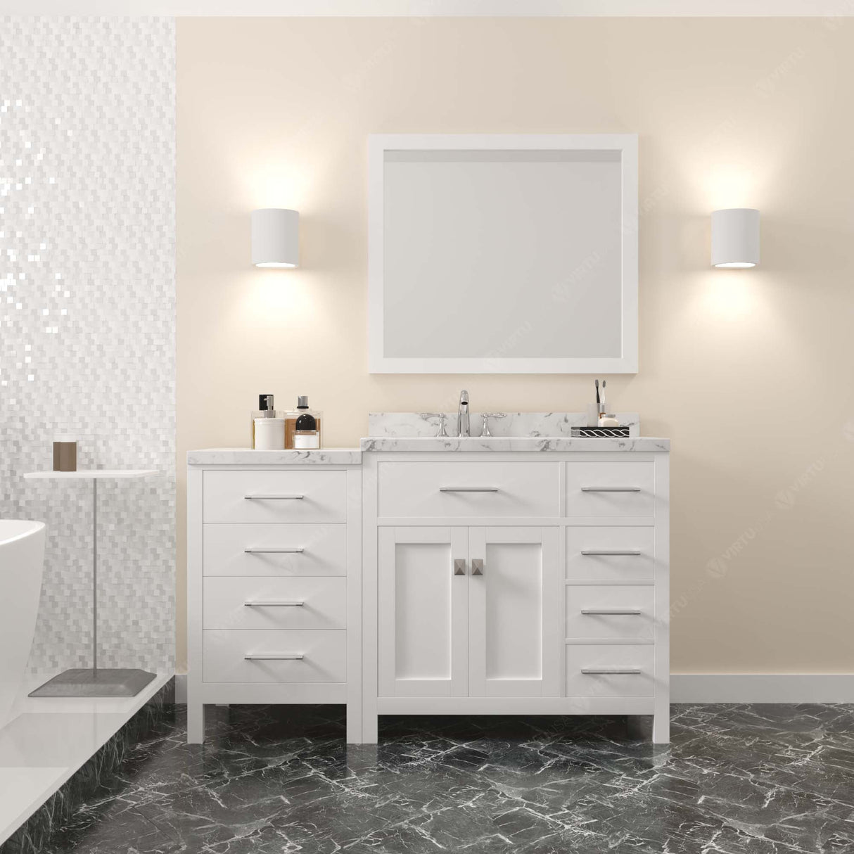 Virtu USA Caroline Parkway 57" Single Bath Vanity with Cultured Marble White Quartz Top and Round Sink with Matching Mirror