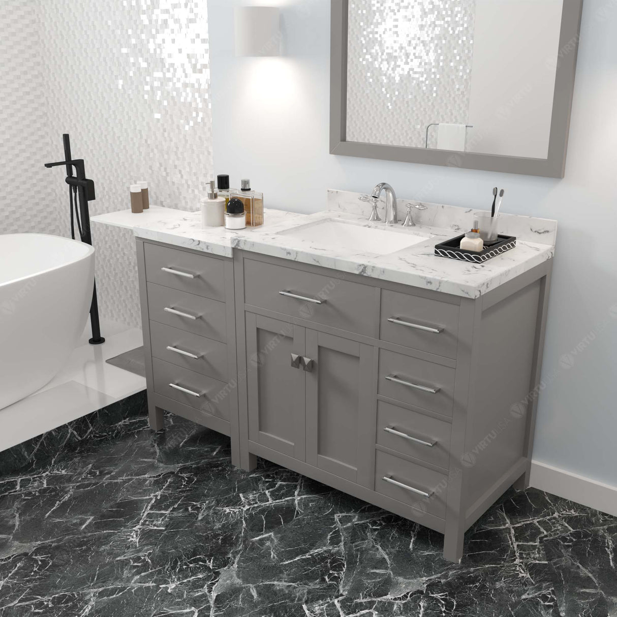 Virtu USA Caroline Parkway 57" Single Bath Vanity with Cultured Marble White Quartz Top and Square Sink with Polished Chrome Faucet with Matching Mirror