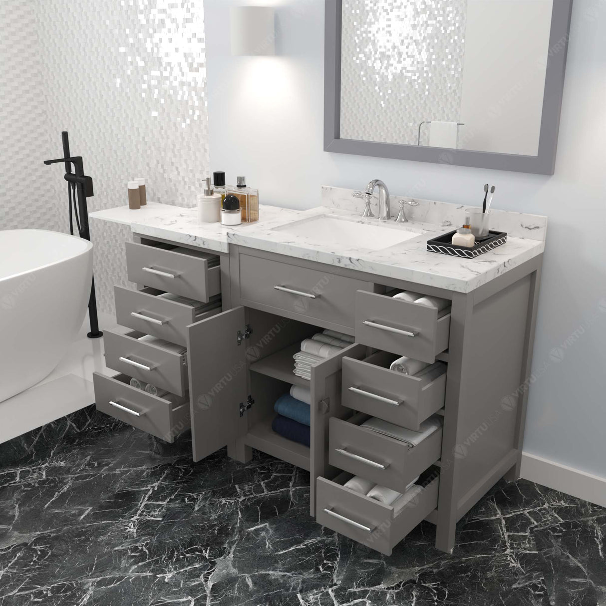 Virtu USA Caroline Parkway 57" Single Bath Vanity with Cultured Marble White Quartz Top and Square Sink with Brushed Nickel Faucet with Matching Mirror