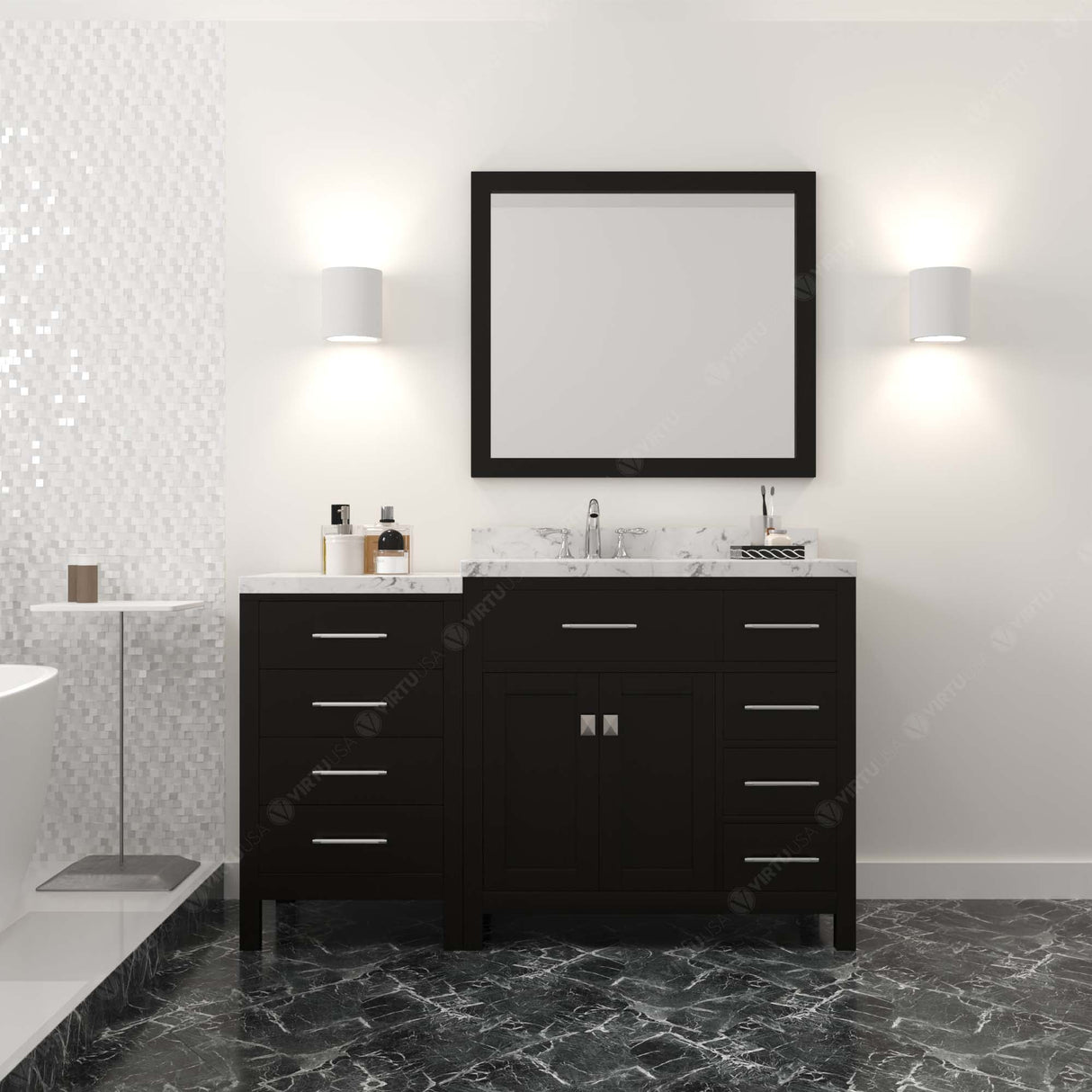 Virtu USA Caroline Parkway 57" Single Bath Vanity with Cultured Marble White Quartz Top and Square Sink with Brushed Nickel Faucet with Matching Mirror