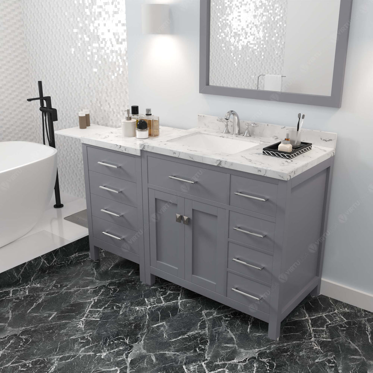 Virtu USA Caroline Parkway 57" Single Bath Vanity with Cultured Marble White Quartz Top and Square Sink with Polished Chrome Faucet with Matching Mirror