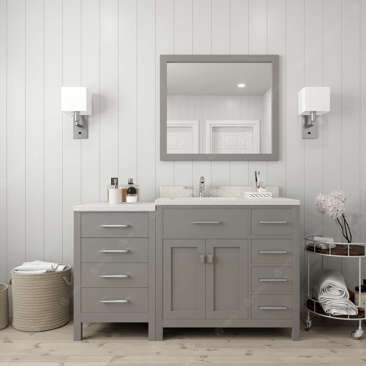 Virtu USA Caroline Parkway 57" Single Bath Vanity with Dazzle White Quartz Top and Round Sink with Brushed Nickel Faucet with Matching Mirror