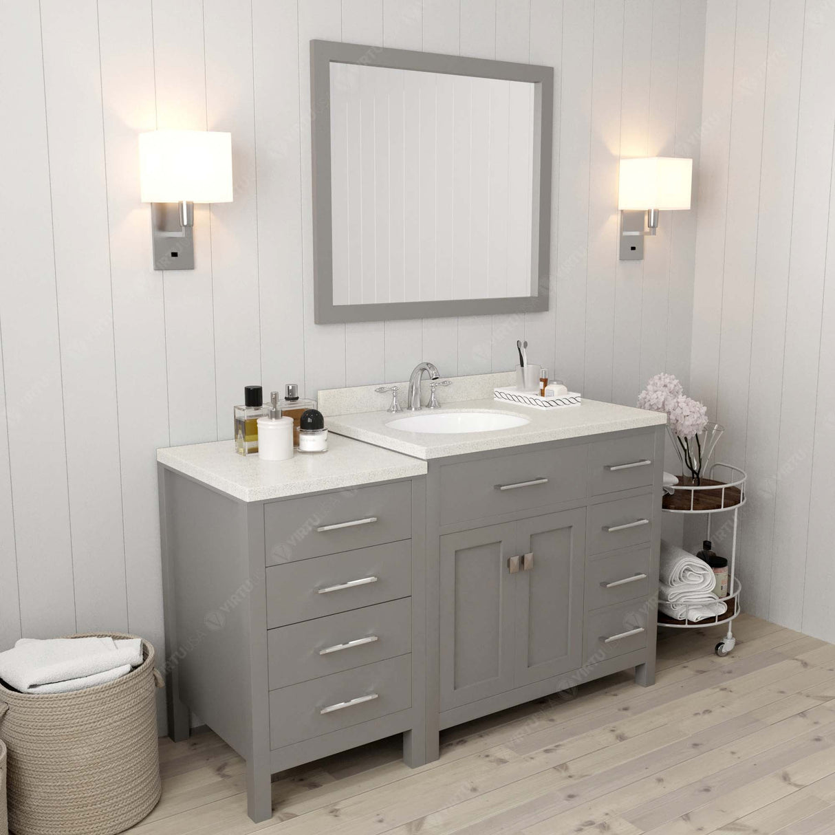 Virtu USA Caroline Parkway 57" Single Bath Vanity with Dazzle White Quartz Top and Round Sink with Brushed Nickel Faucet with Matching Mirror