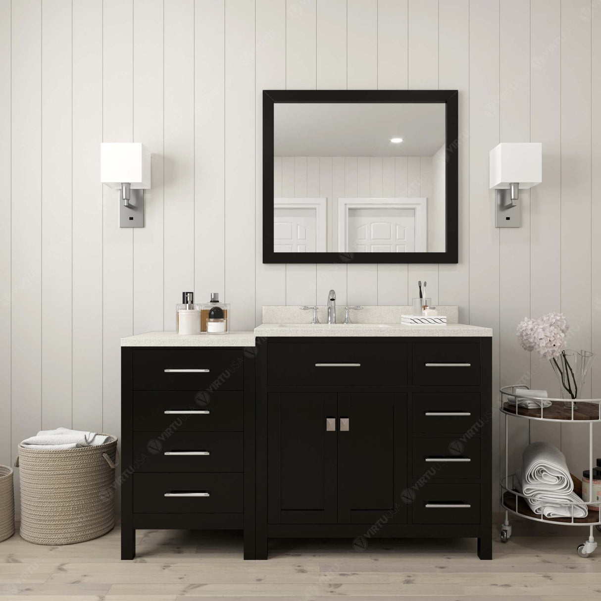 Virtu USA Caroline Parkway 57" Single Bath Vanity with Dazzle White Quartz Top and Round Sink with Brushed Nickel Faucet with Matching Mirror